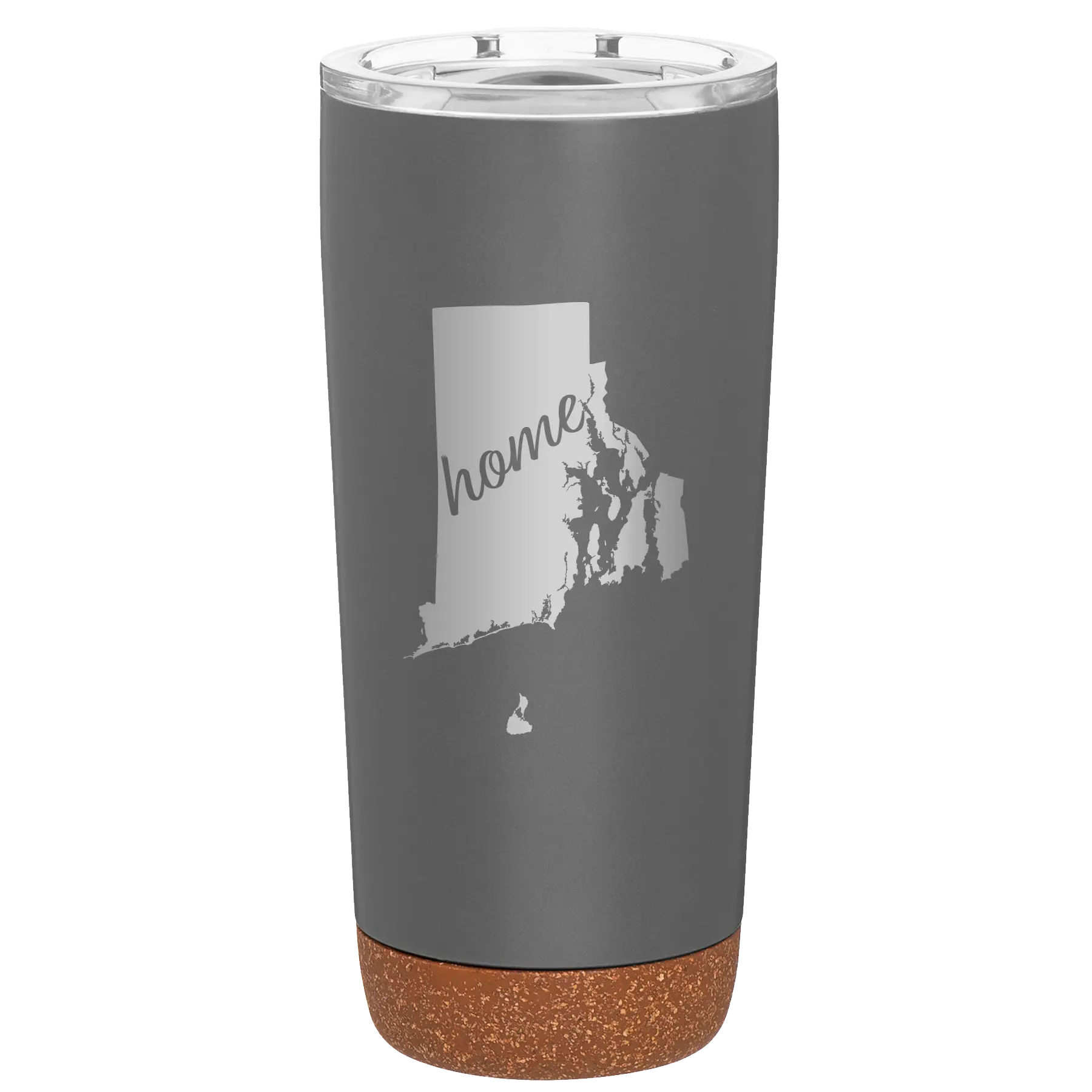 Laser etched storm gray 20 oz vacuum insulated tumbler with 'Rhode Island Home' design