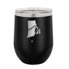 Laser etched black 12 oz vacuum insulated wine cup with 'Rhode Island Home' design