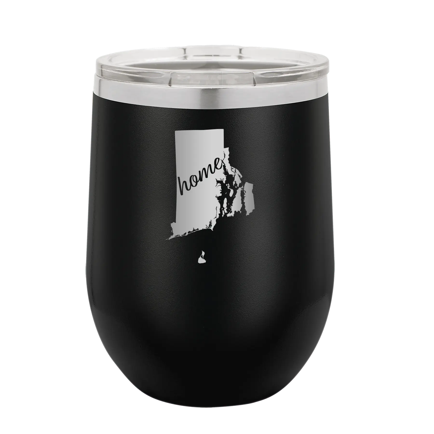 Laser etched black 12 oz vacuum insulated wine cup with 'Rhode Island Home' design