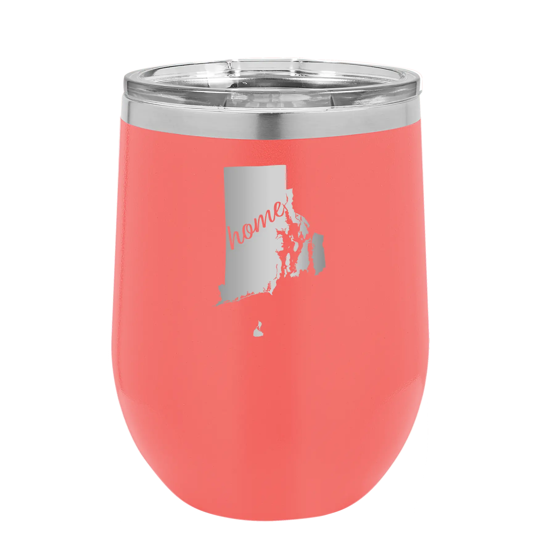 Laser etched coral 12 oz vacuum insulated wine cup with 'Rhode Island Home' design