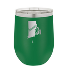 Laser etched green 12 oz vacuum insulated wine cup with 'Rhode Island Home' design