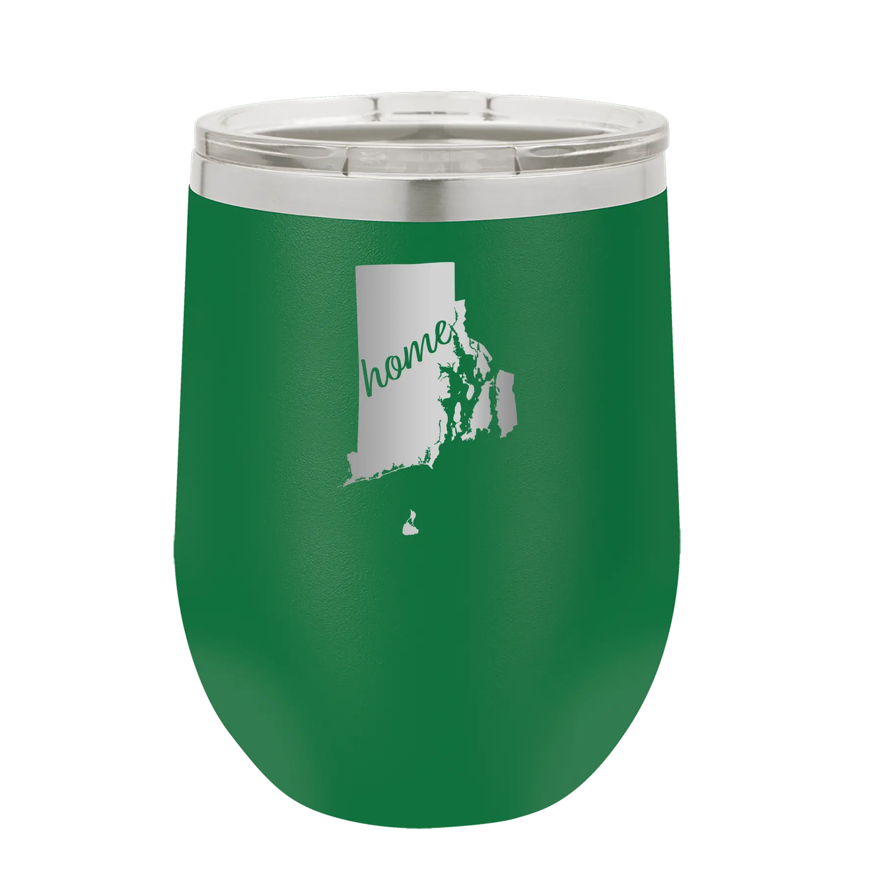 Laser etched green 12 oz vacuum insulated wine cup with 'Rhode Island Home' design