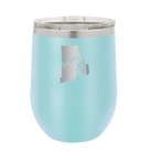 Laser etched light blue 12 oz vacuum insulated wine cup with 'Rhode Island Home' design