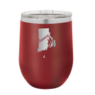 Laser etched maroon 12 oz vacuum insulated wine cup with 'Rhode Island Home' design