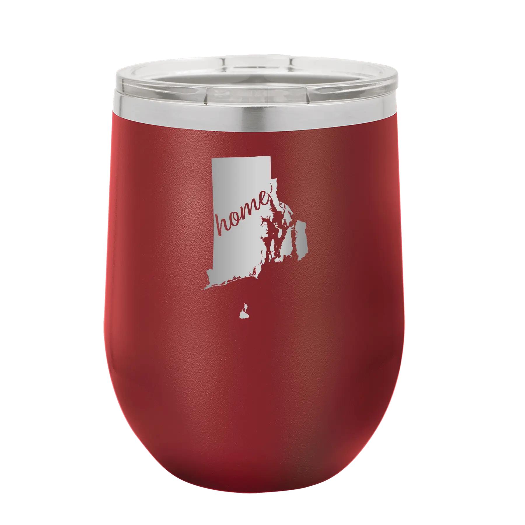 Laser etched maroon 12 oz vacuum insulated wine cup with 'Rhode Island Home' design