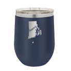 Laser etched navy 12 oz vacuum insulated wine cup with 'Rhode Island Home' design