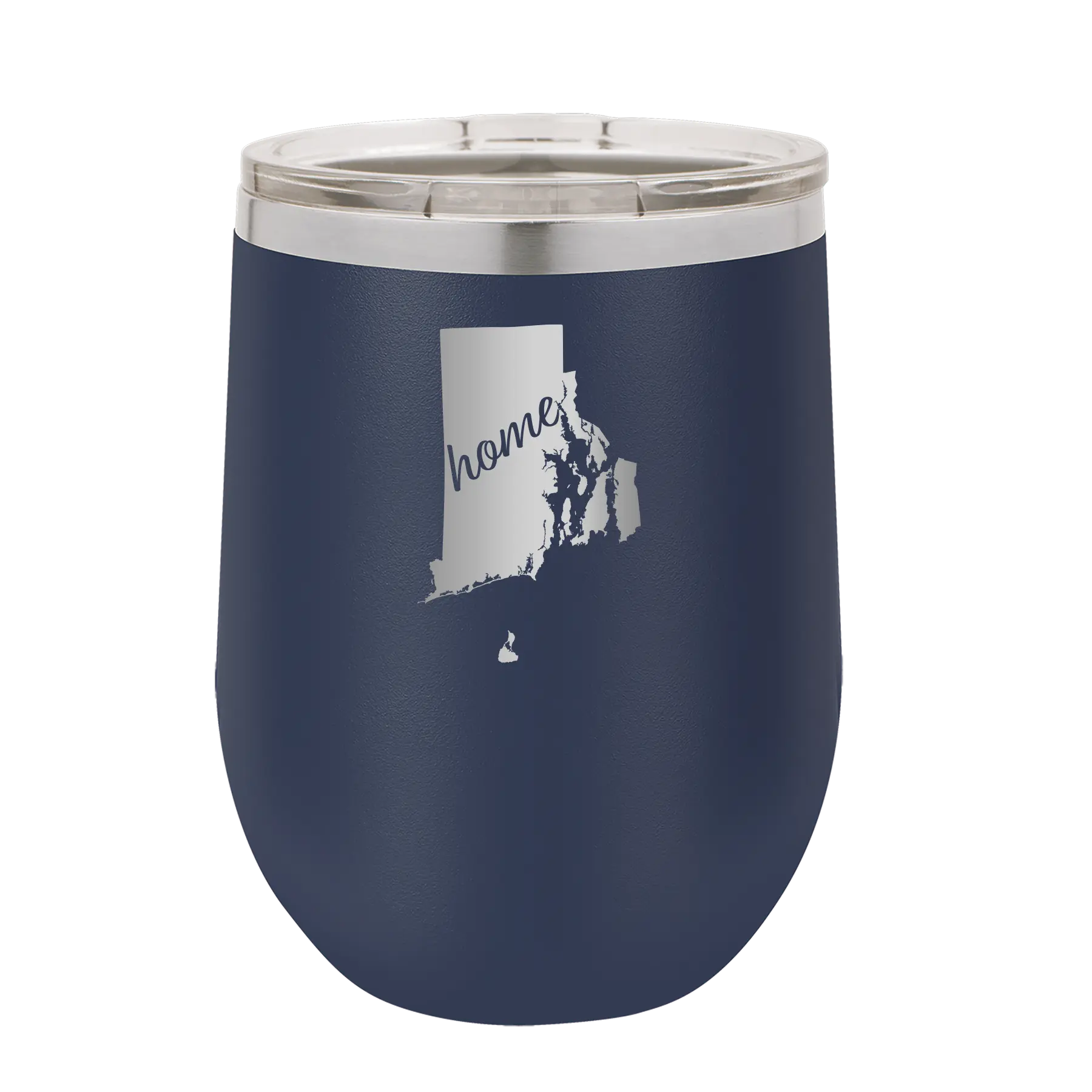 Laser etched navy 12 oz vacuum insulated wine cup with 'Rhode Island Home' design