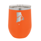 Laser etched orange 12 oz vacuum insulated wine cup with 'Rhode Island Home' design