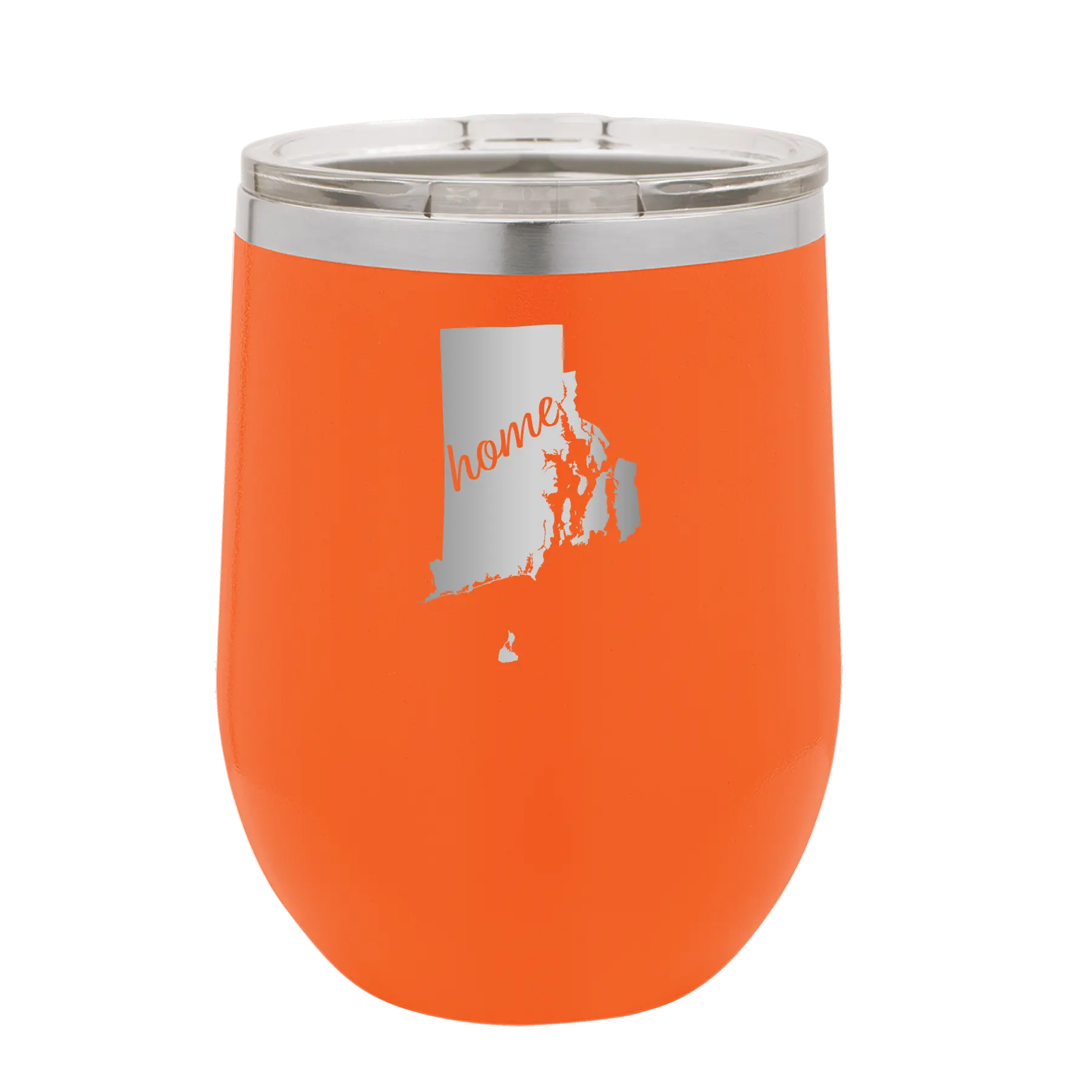 Laser etched orange 12 oz vacuum insulated wine cup with 'Rhode Island Home' design