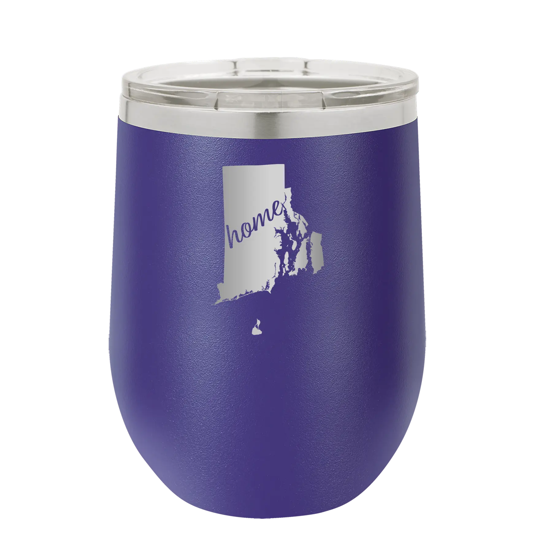 Laser etched purple 12 oz vacuum insulated wine cup with 'Rhode Island Home' design