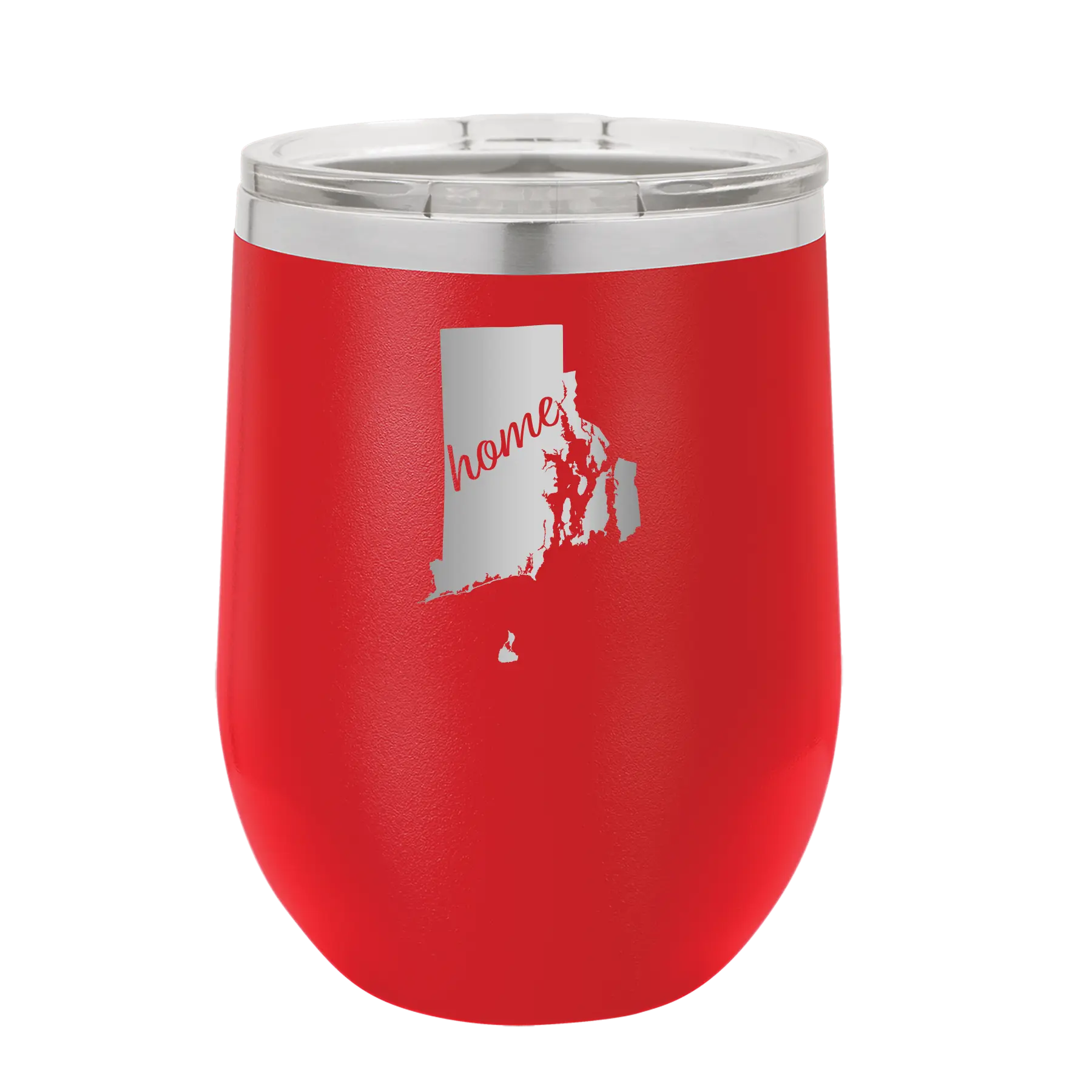 Laser etched red 12 oz vacuum insulated wine cup with 'Rhode Island Home' design