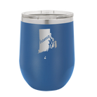 Laser etched royal blue 12 oz vacuum insulated wine cup with 'Rhode Island Home' design