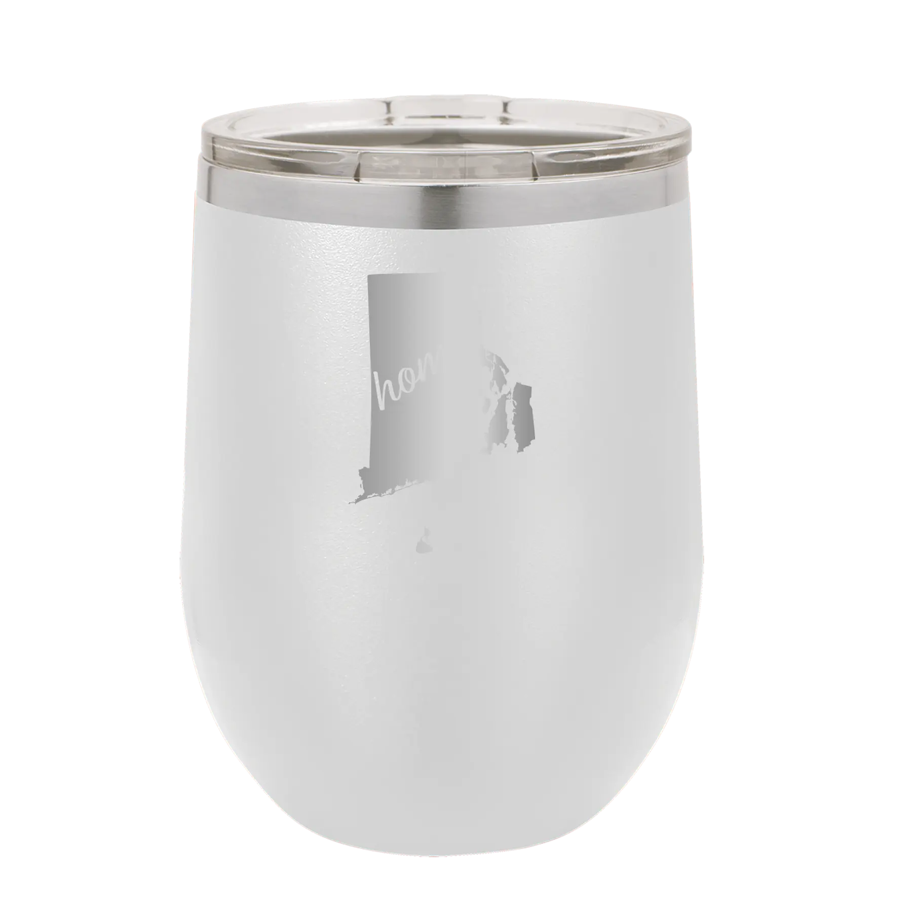 Laser etched white 12 oz vacuum insulated wine cup with 'Rhode Island Home' design