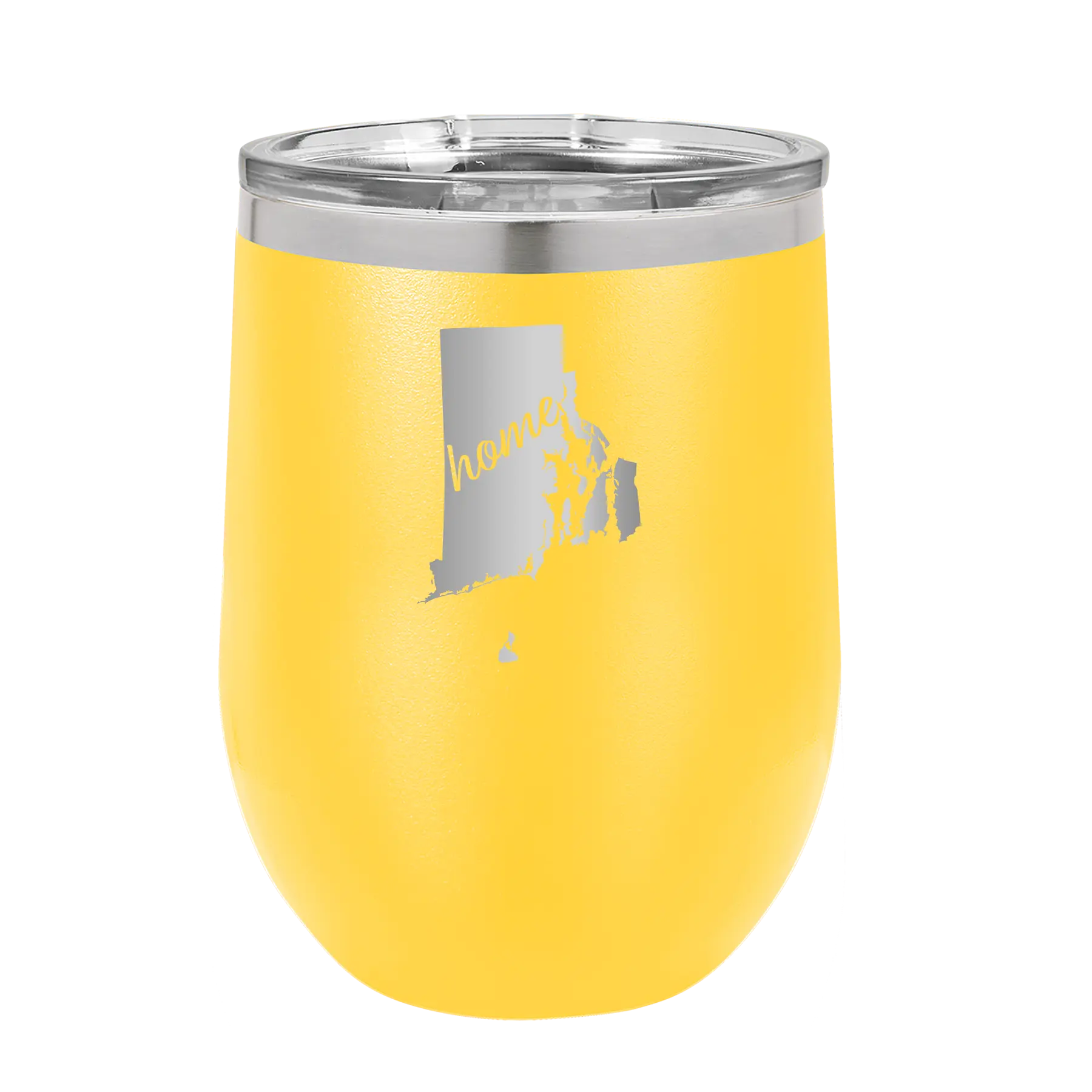 Laser etched yellow 12 oz vacuum insulated wine cup with 'Rhode Island Home' design