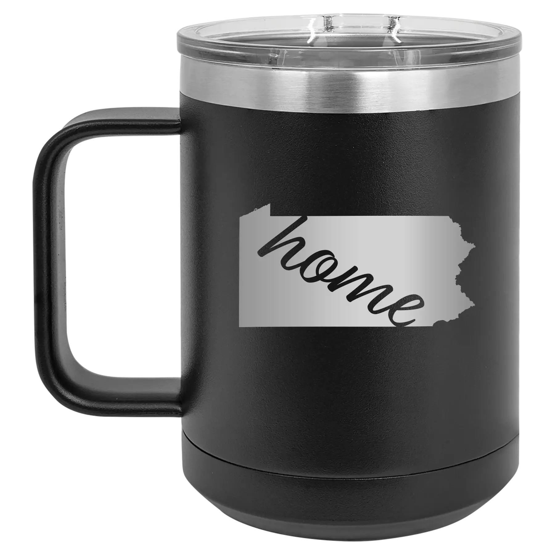 Laser etched black 15 oz vacuum insulated coffee mug with 'Pennsylvania Home' design
