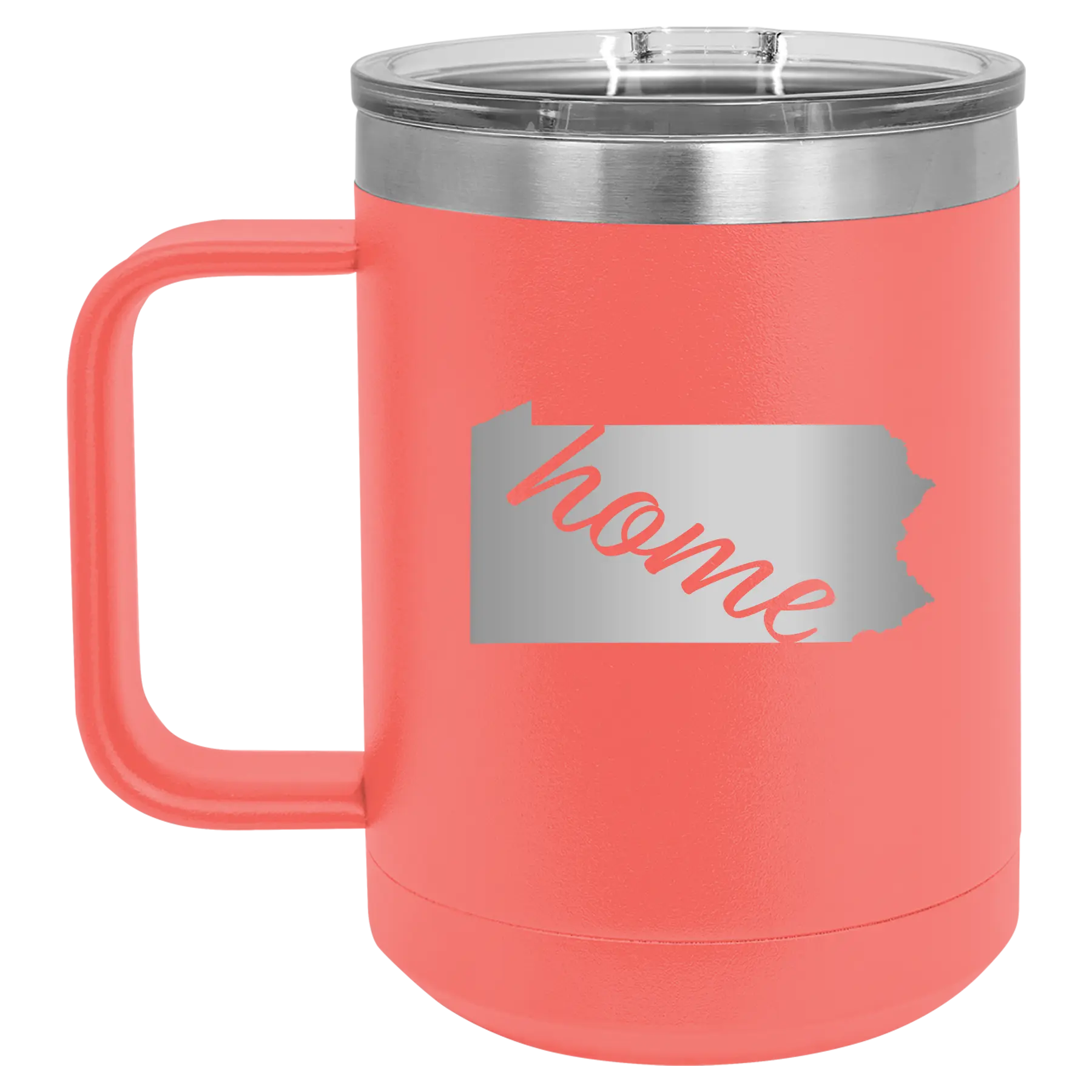 Laser etched coral 15 oz vacuum insulated coffee mug with 'Pennsylvania Home' design