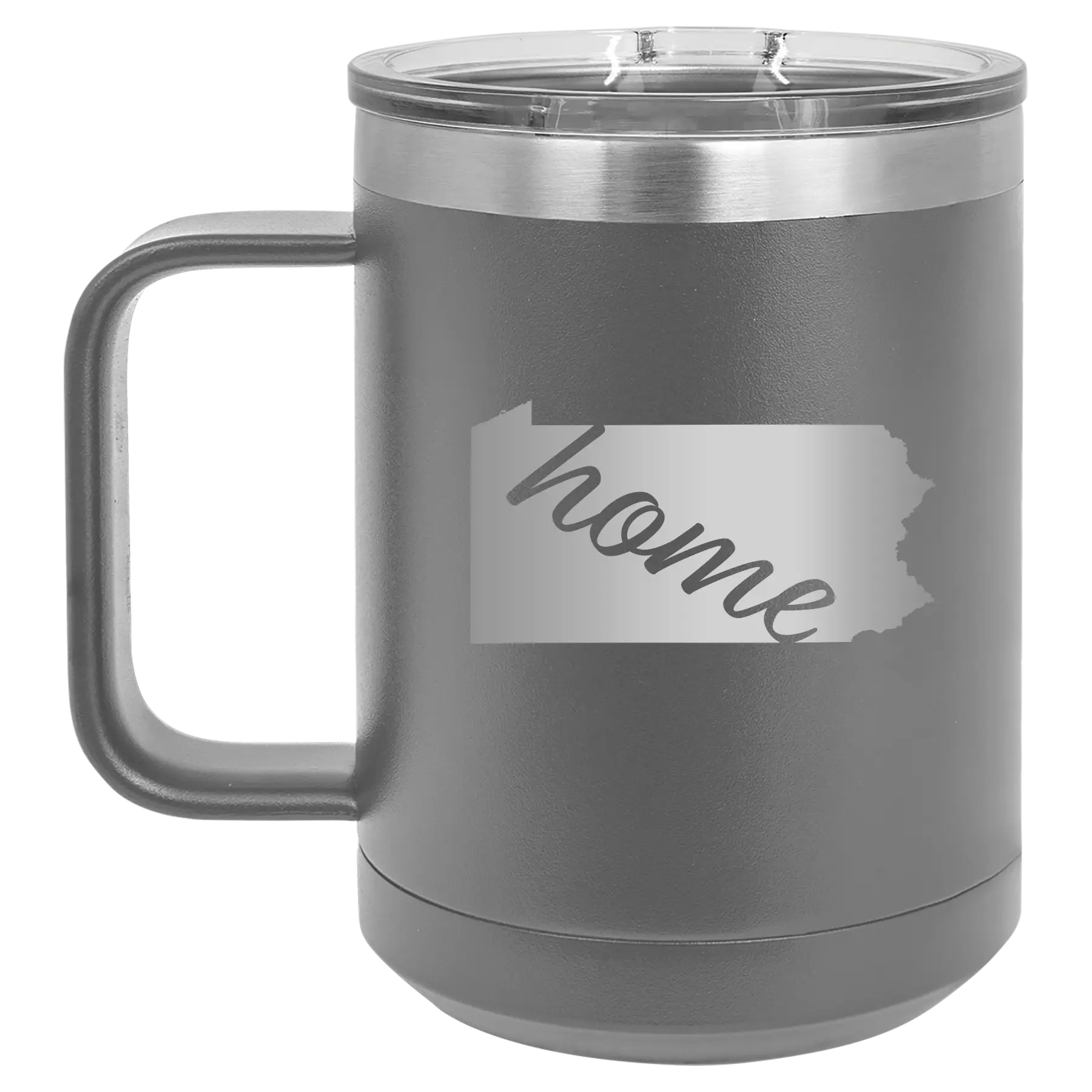 Laser etched dark gray 15 oz vacuum insulated coffee mug with 'Pennsylvania Home' design