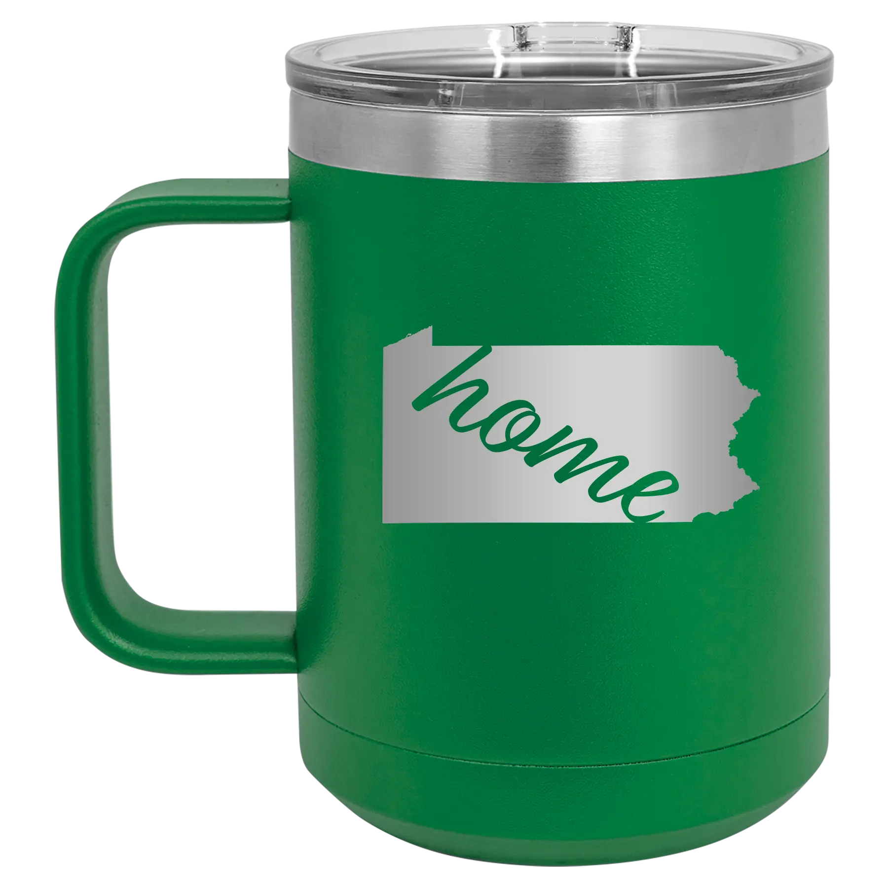 Laser etched green 15 oz vacuum insulated coffee mug with 'Pennsylvania Home' design