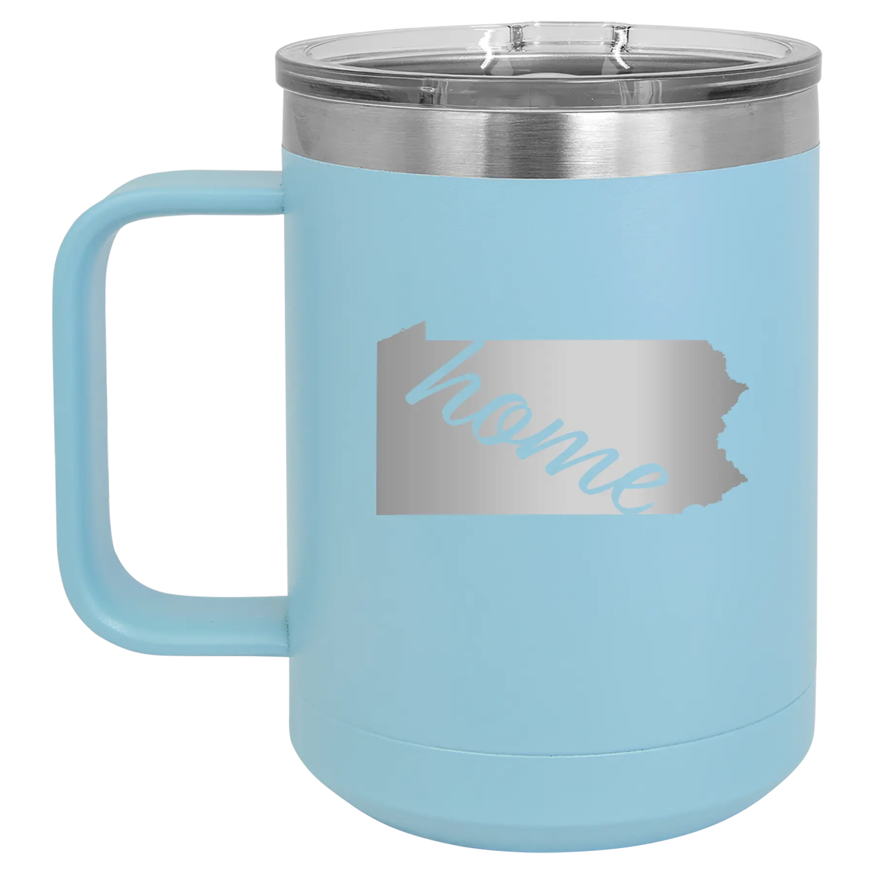 Laser etched light blue 15 oz vacuum insulated coffee mug with 'Pennsylvania Home' design