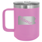Laser etched light purple 15 oz vacuum insulated coffee mug with 'Pennsylvania Home' design