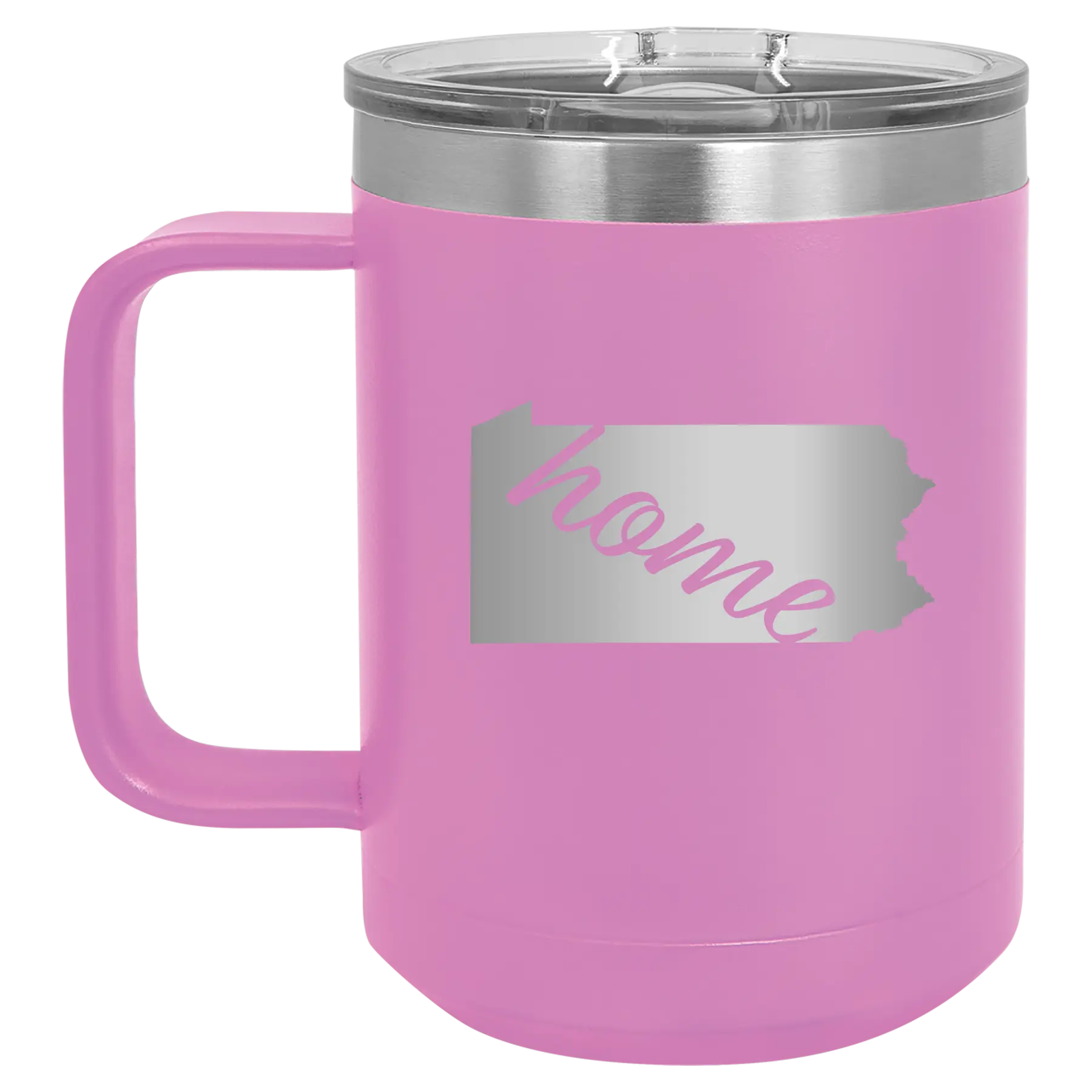Laser etched light purple 15 oz vacuum insulated coffee mug with 'Pennsylvania Home' design