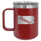 Laser etched maroon 15 oz vacuum insulated coffee mug with 'Pennsylvania Home' design