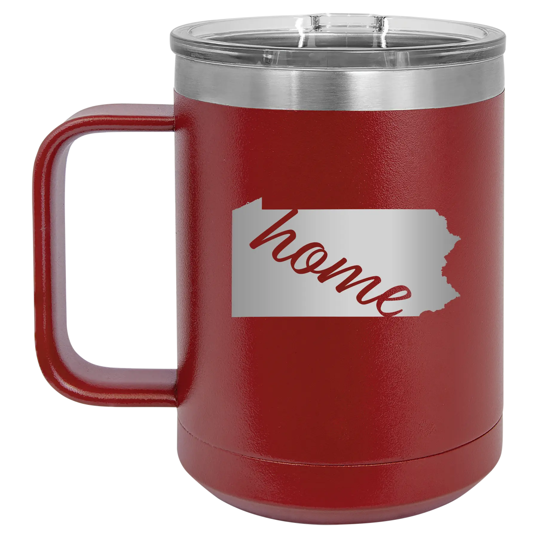 Laser etched maroon 15 oz vacuum insulated coffee mug with 'Pennsylvania Home' design