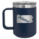 Laser etched navy 15 oz vacuum insulated coffee mug with 'Pennsylvania Home' design