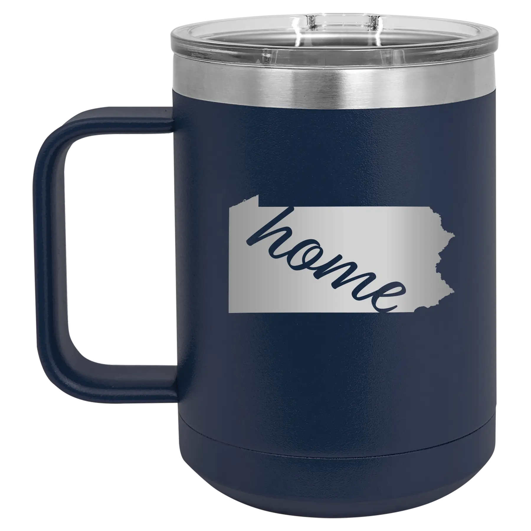 Laser etched navy 15 oz vacuum insulated coffee mug with 'Pennsylvania Home' design