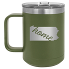 Laser etched olive green 15 oz vacuum insulated coffee mug with 'Pennsylvania Home' design