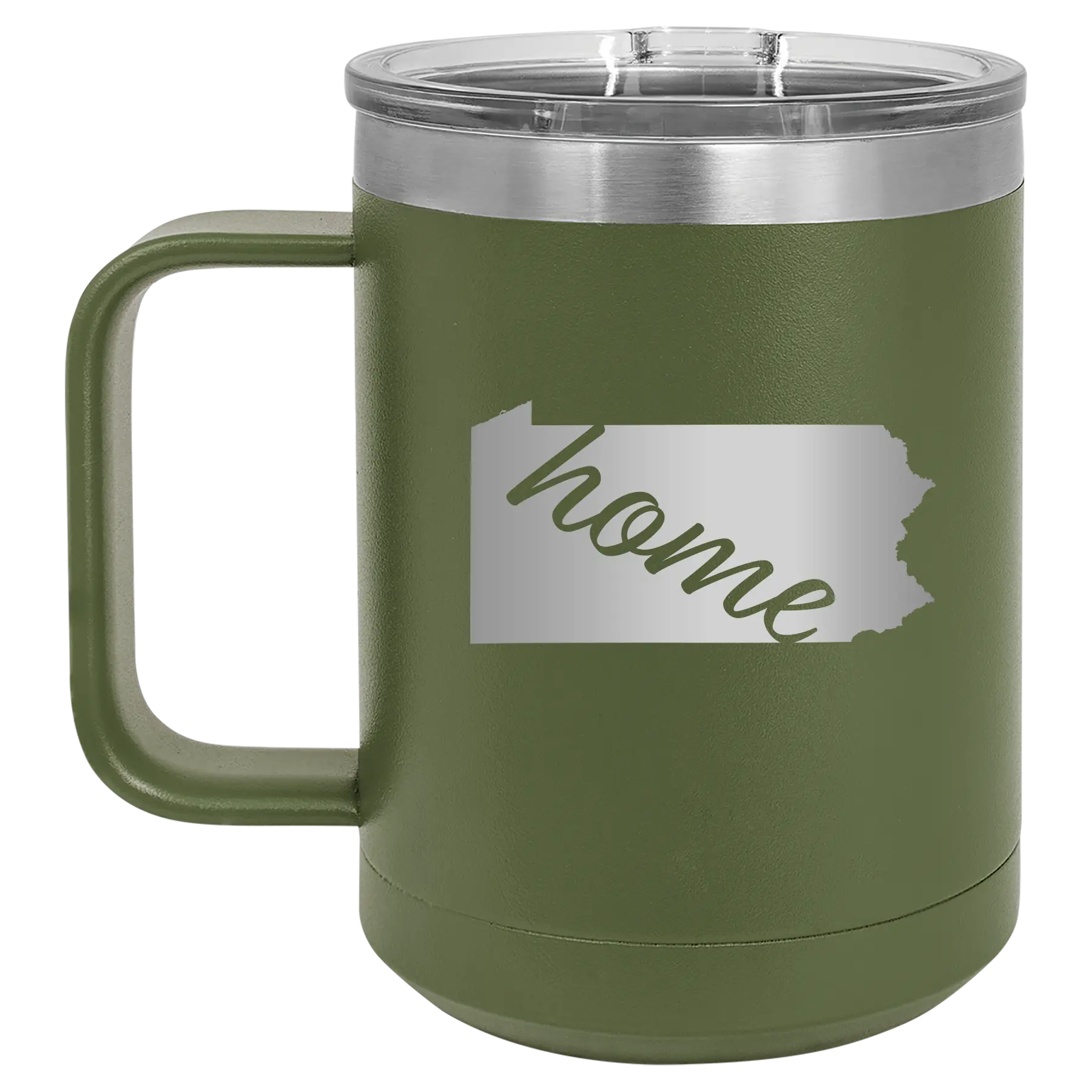 Laser etched olive green 15 oz vacuum insulated coffee mug with 'Pennsylvania Home' design