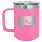 Laser etched pink 15 oz vacuum insulated coffee mug with 'Pennsylvania Home' design