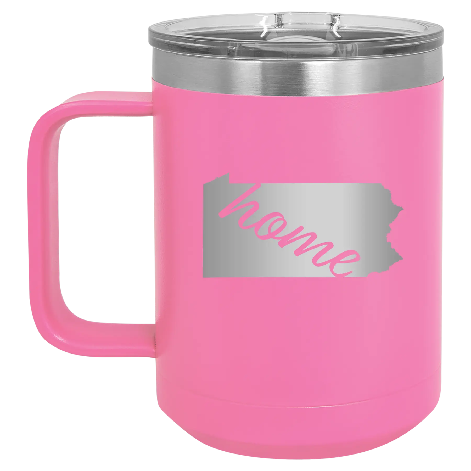 Laser etched pink 15 oz vacuum insulated coffee mug with 'Pennsylvania Home' design