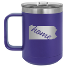 Laser etched purple 15 oz vacuum insulated coffee mug with 'Pennsylvania Home' design