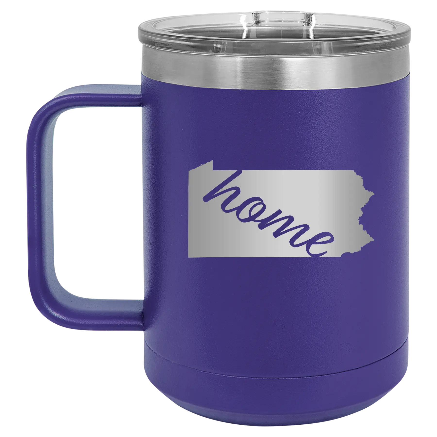 Laser etched purple 15 oz vacuum insulated coffee mug with 'Pennsylvania Home' design