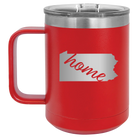 Laser etched red 15 oz vacuum insulated coffee mug with 'Pennsylvania Home' design