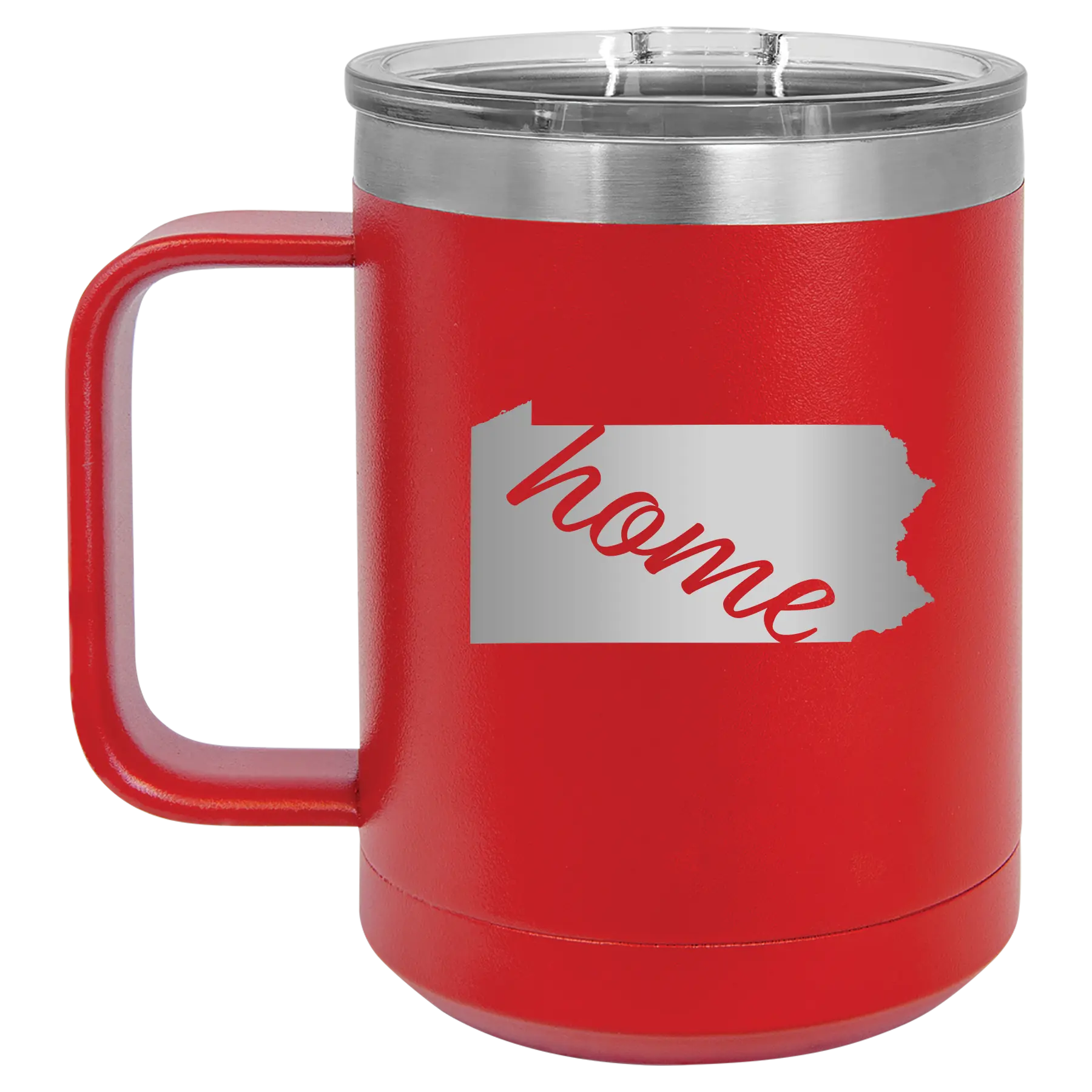 Laser etched red 15 oz vacuum insulated coffee mug with 'Pennsylvania Home' design