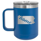 Laser etched royal blue 15 oz vacuum insulated coffee mug with 'Pennsylvania Home' design