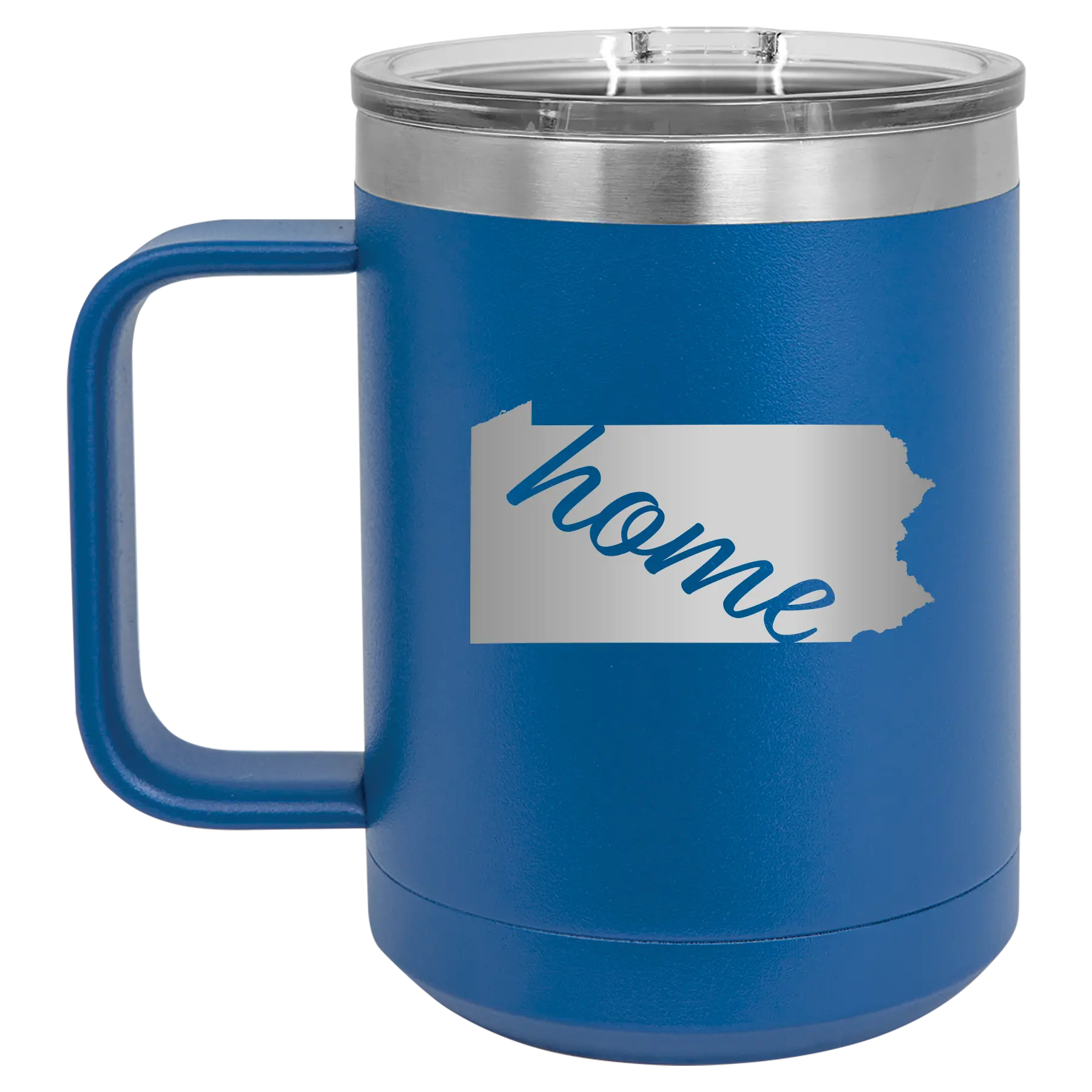 Laser etched royal blue 15 oz vacuum insulated coffee mug with 'Pennsylvania Home' design