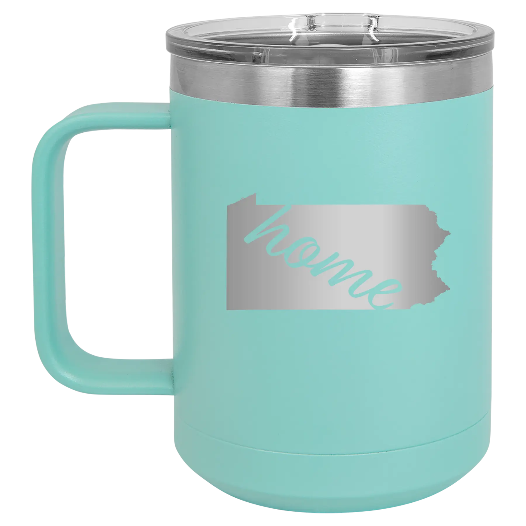 Laser etched teal 15 oz vacuum insulated coffee mug with 'Pennsylvania Home' design