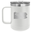 Laser etched white 15 oz vacuum insulated coffee mug with 'Pennsylvania Home' design