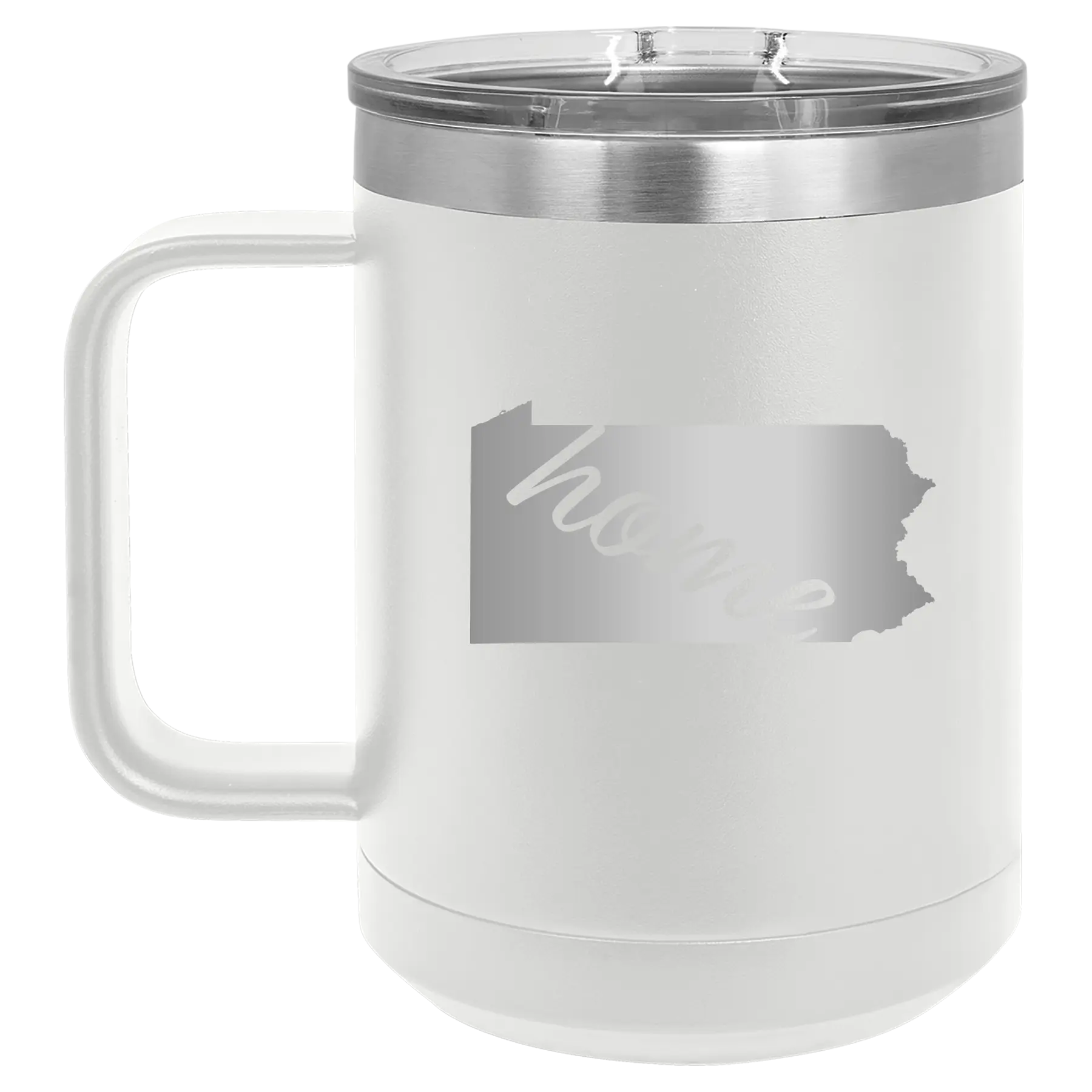 Laser etched white 15 oz vacuum insulated coffee mug with 'Pennsylvania Home' design