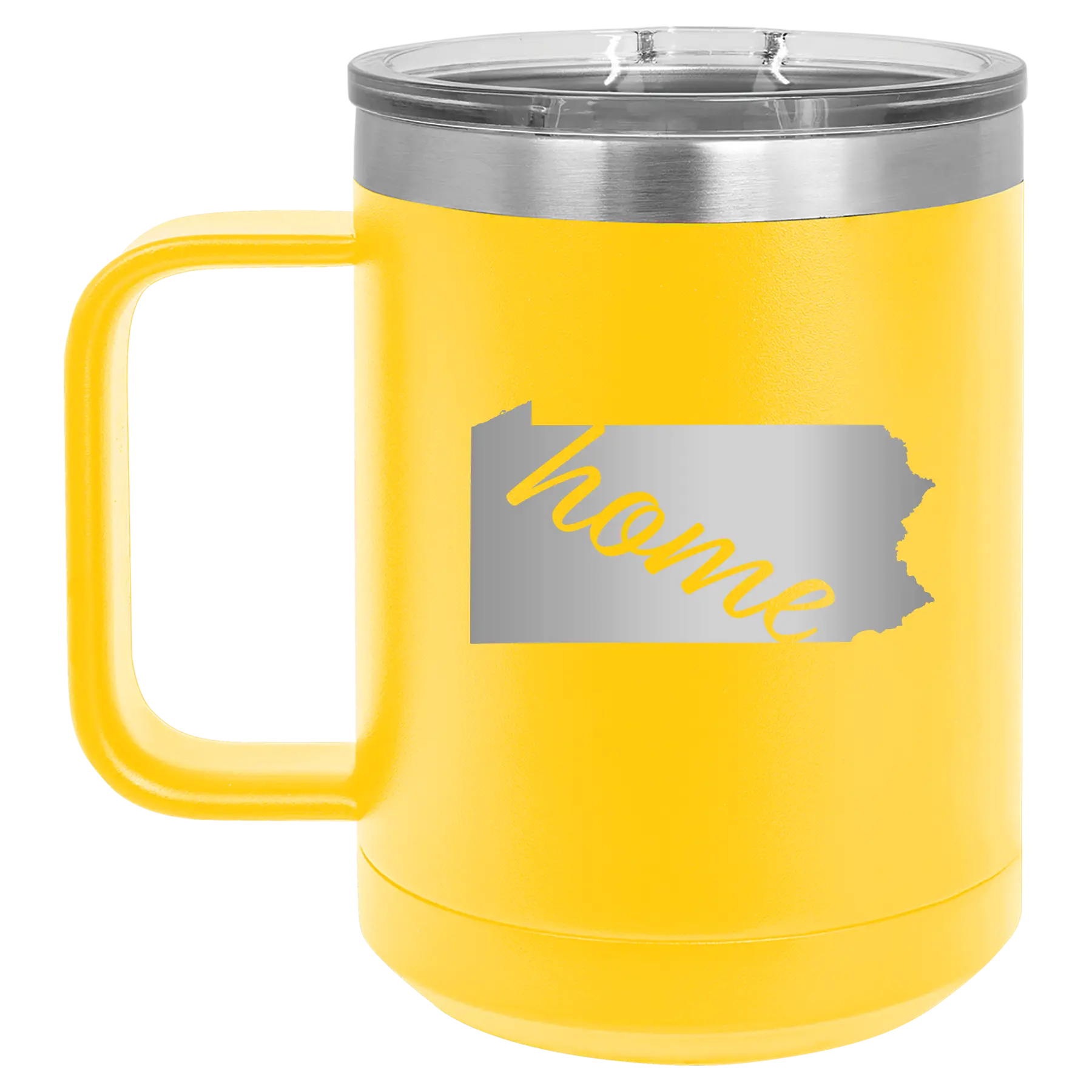 Laser etched yellow 15 oz vacuum insulated coffee mug with 'Pennsylvania Home' design