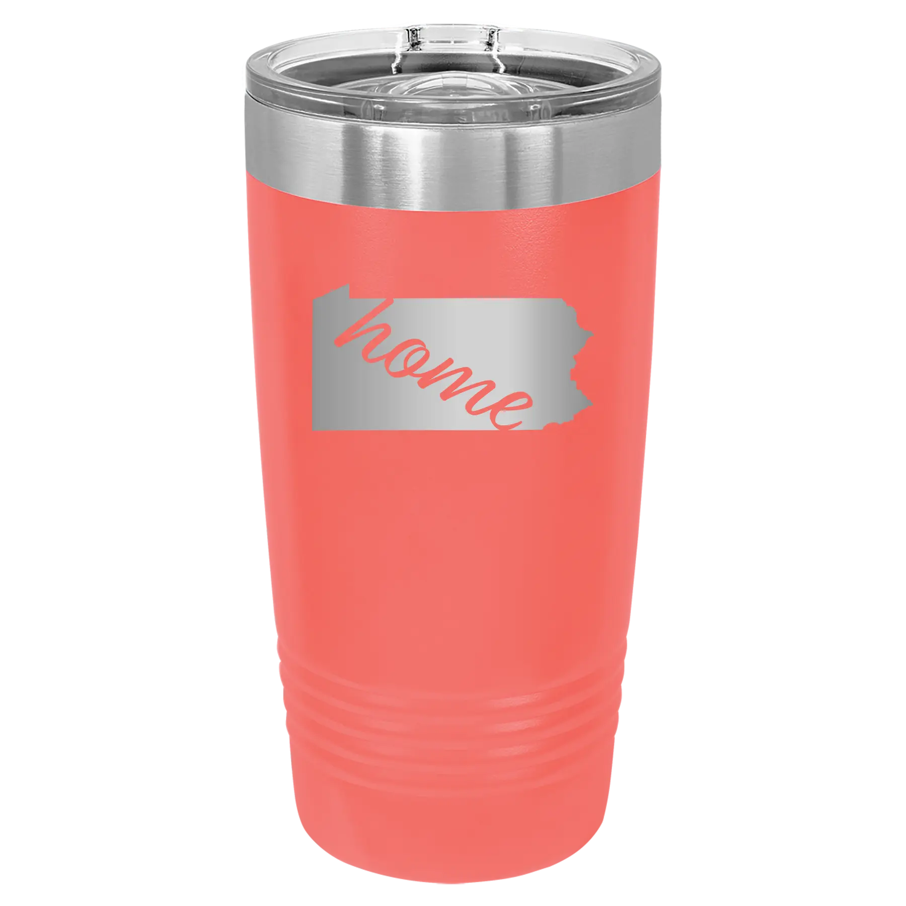 Laser etched coral 20 oz vacuum insulated tumbler with 'Pennsylvania Home' design