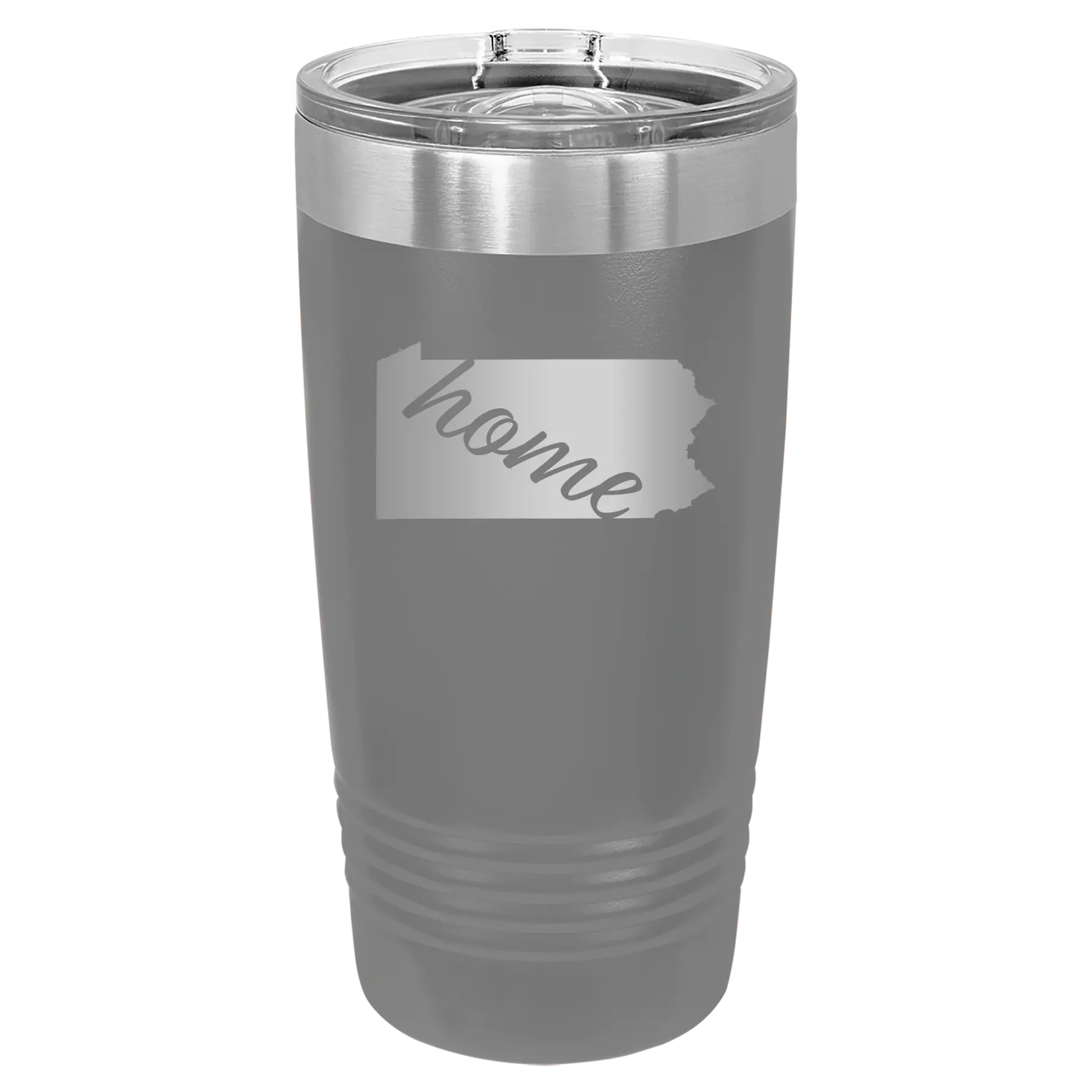 Laser etched dark gray 20 oz vacuum insulated tumbler with 'Pennsylvania Home' design