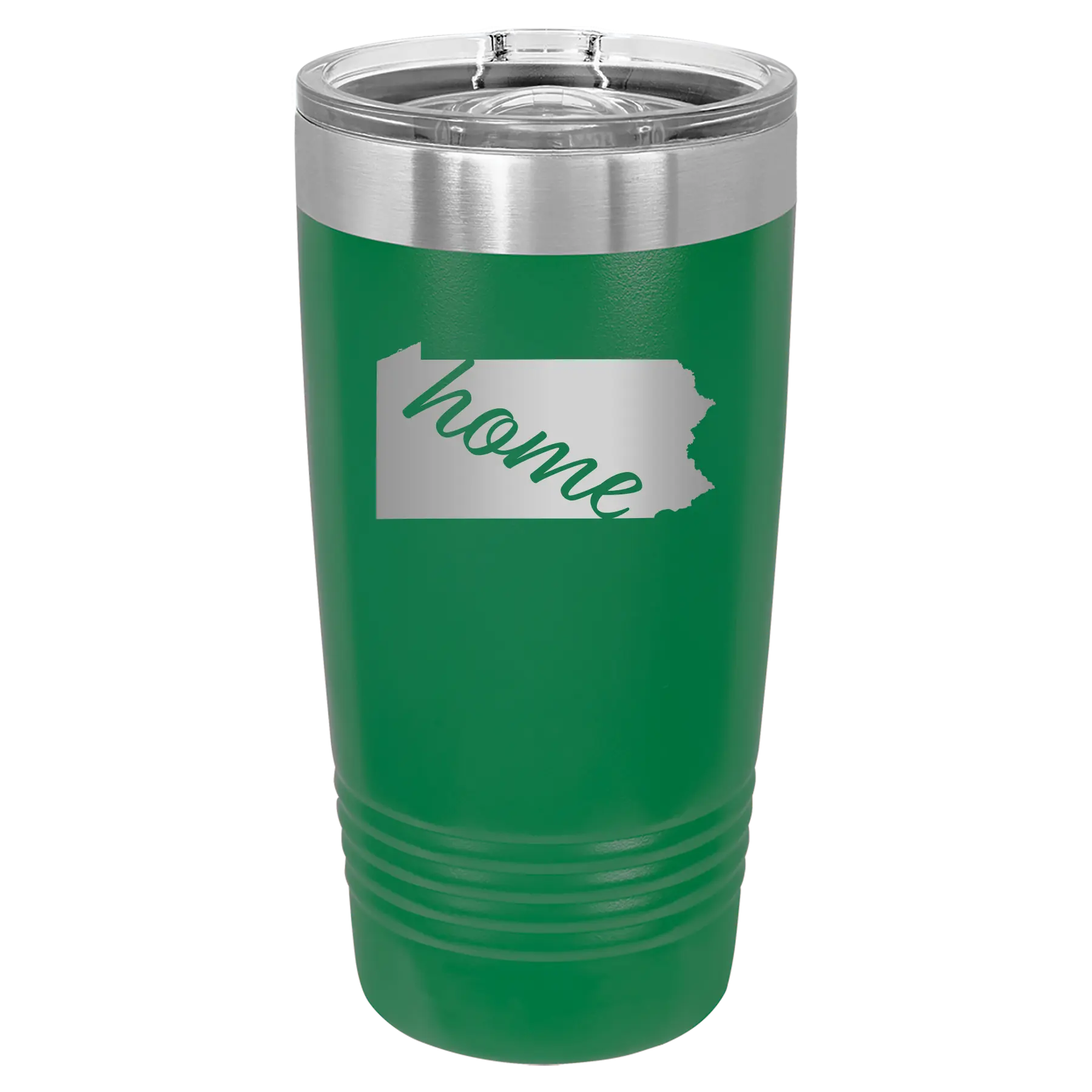 Laser etched green 20 oz vacuum insulated tumbler with 'Pennsylvania Home' design