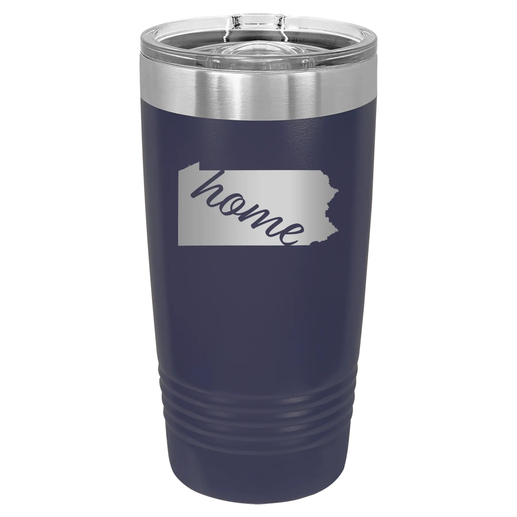 Laser etched navy 20 oz vacuum insulated tumbler with 'Pennsylvania Home' design