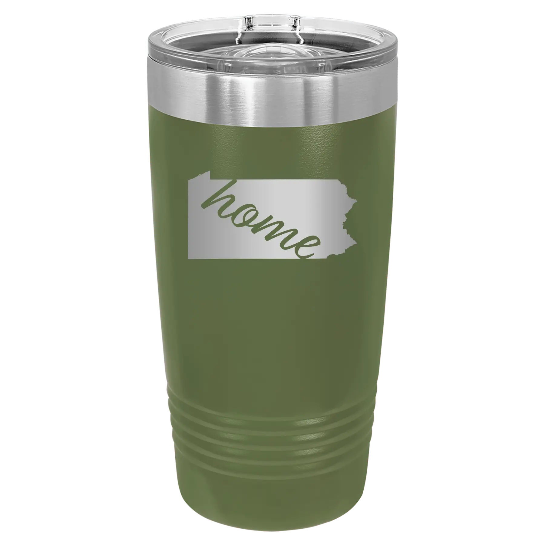 Laser etched olive green 20 oz vacuum insulated tumbler with 'Pennsylvania Home' design