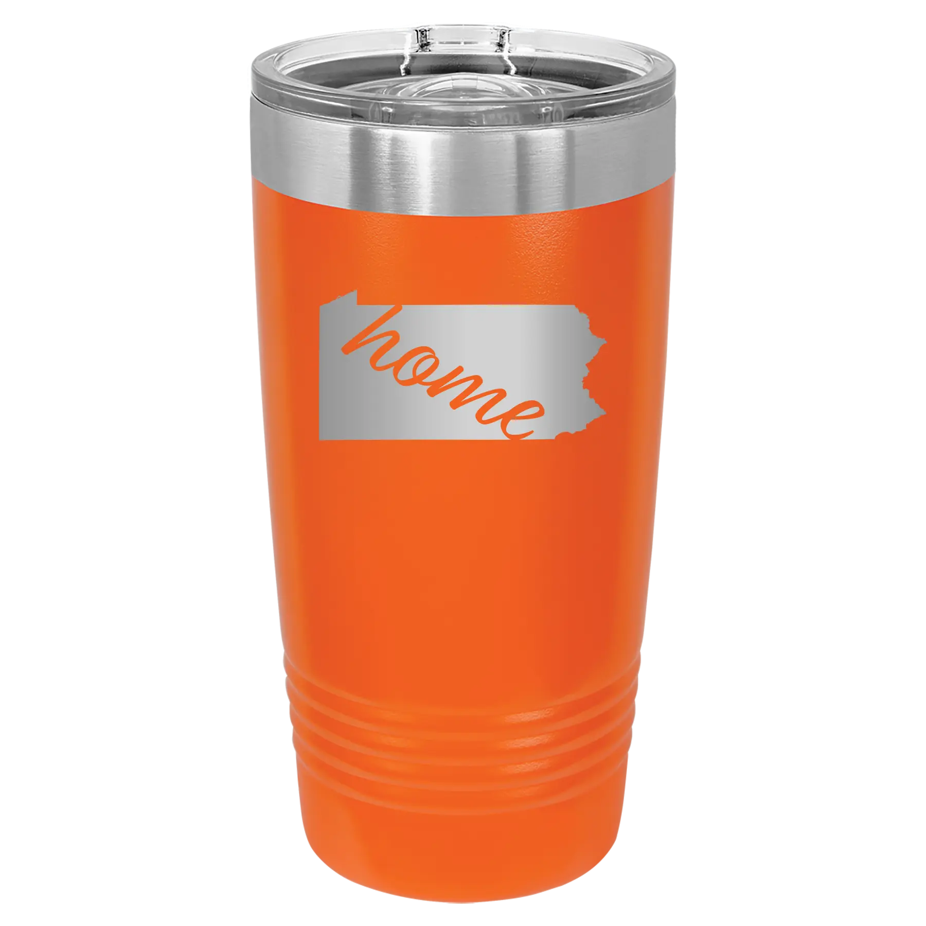 Laser etched orange 20 oz vacuum insulated tumbler with 'Pennsylvania Home' design