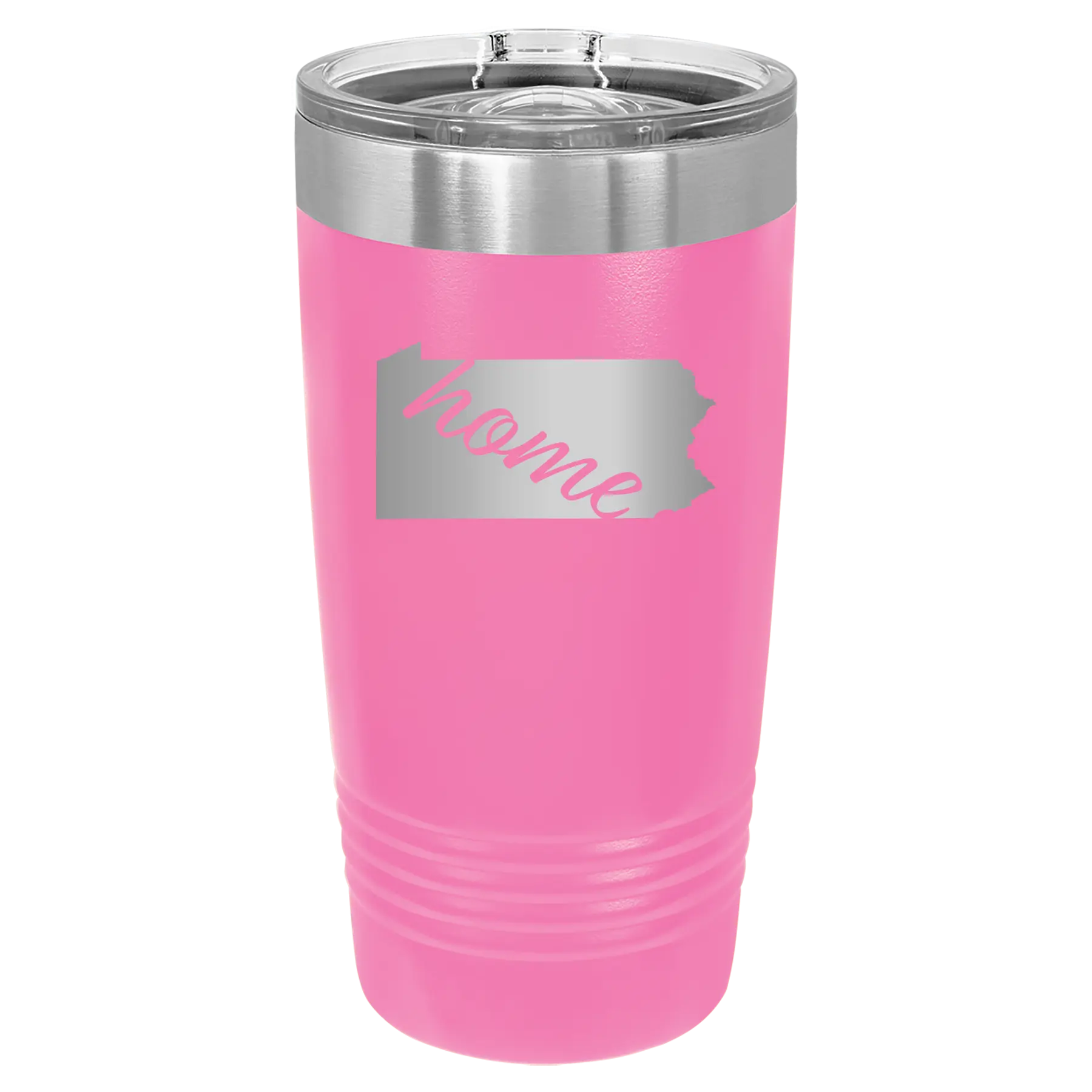 Laser etched pink 20 oz vacuum insulated tumbler with 'Pennsylvania Home' design